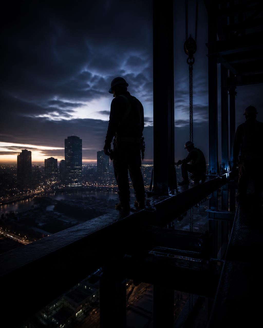 Construction crew working on a steel structure at dusk in Edmonton